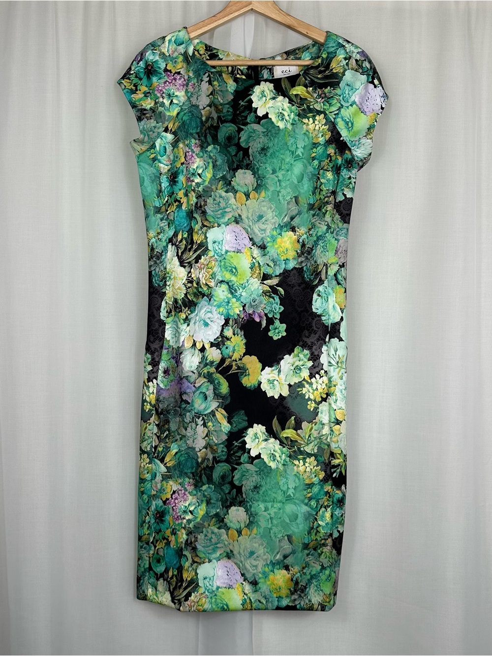 ECI Floral Sheath Midi Dress Green Cap Sleeve Garden Party Cocktail Wedding 10